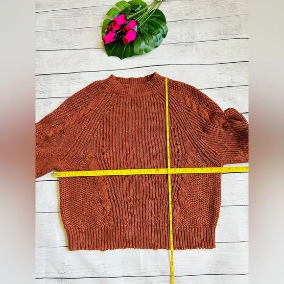 American Eagle Women’s Brown Cable Knit Ribbed Puff Sleeve Sweater S - Picture 8 of 8
